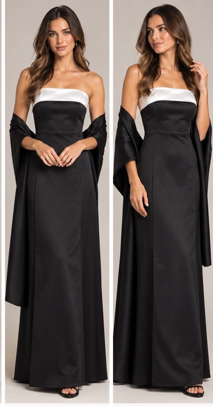 Vintage Jump Ball Gown Black/White Satin Formal Size 7/8 W/Scarf Made In USA NEW